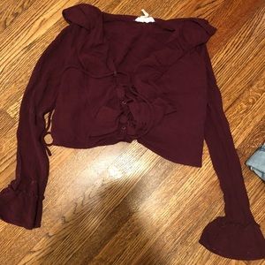 Maroon long-sleeve lace up crop top
